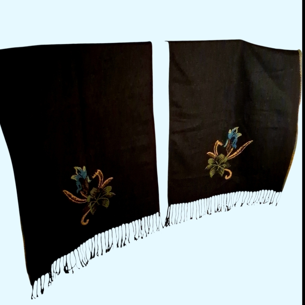 Black Shawl Wrap with Vibrant Colorful Floral | Multicolor Woven Fabric - Picture 8 of 16